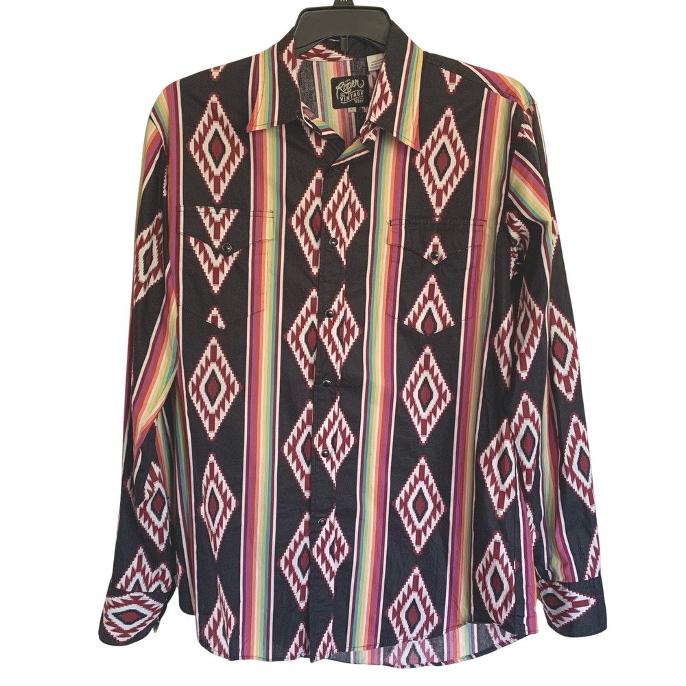 Roper VIntage L Western Pearl Snap Shirt Black Multi Southwestern Geo Striped